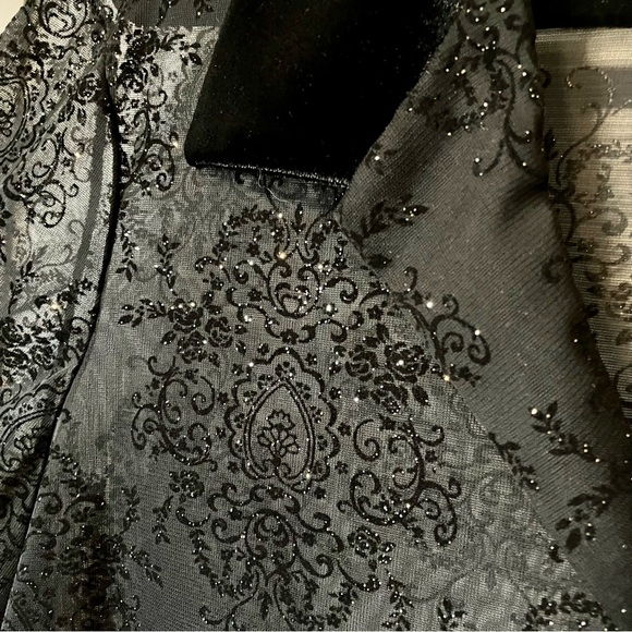 Black sheer blouse with velvet collar, rhinestone buttons, glittery designs - Picture 5 of 6